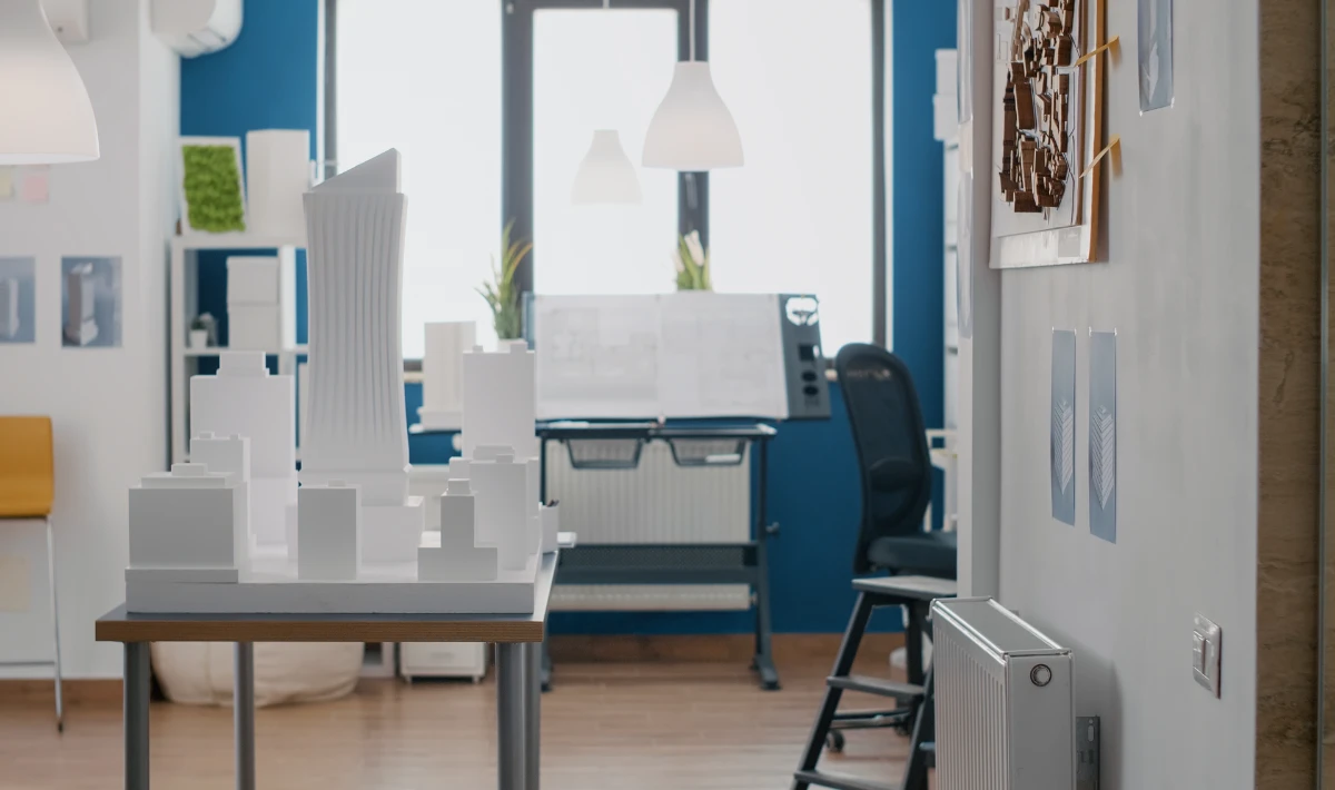 Cool blue and crisp white office colours supporting focus and clarity